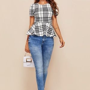 Plaid Peplum Top (Black and White)